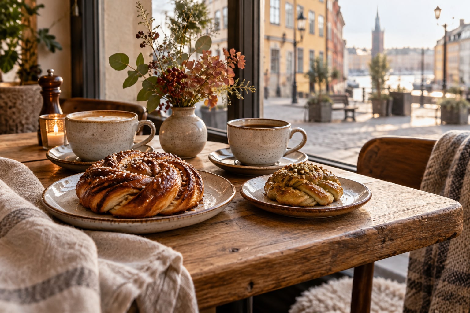 AI-genererad svensk kafémiljö; inte ett dokumentärt foto