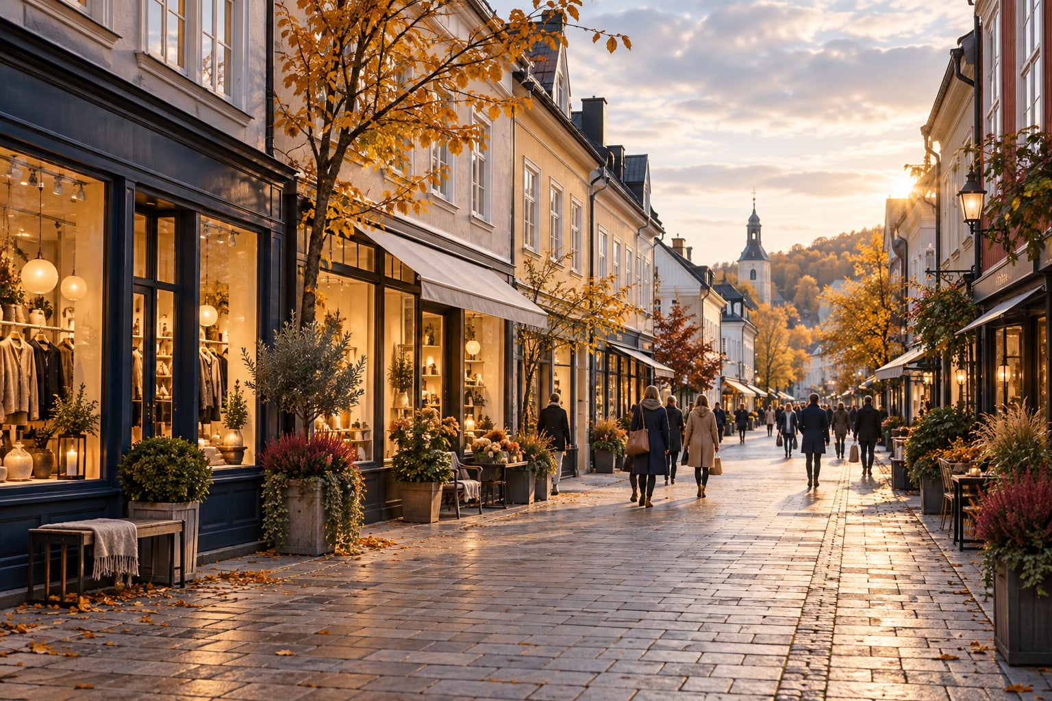AI-genererad redaktionell bild av en svensk shoppinggata; inte ett dokumentärt foto