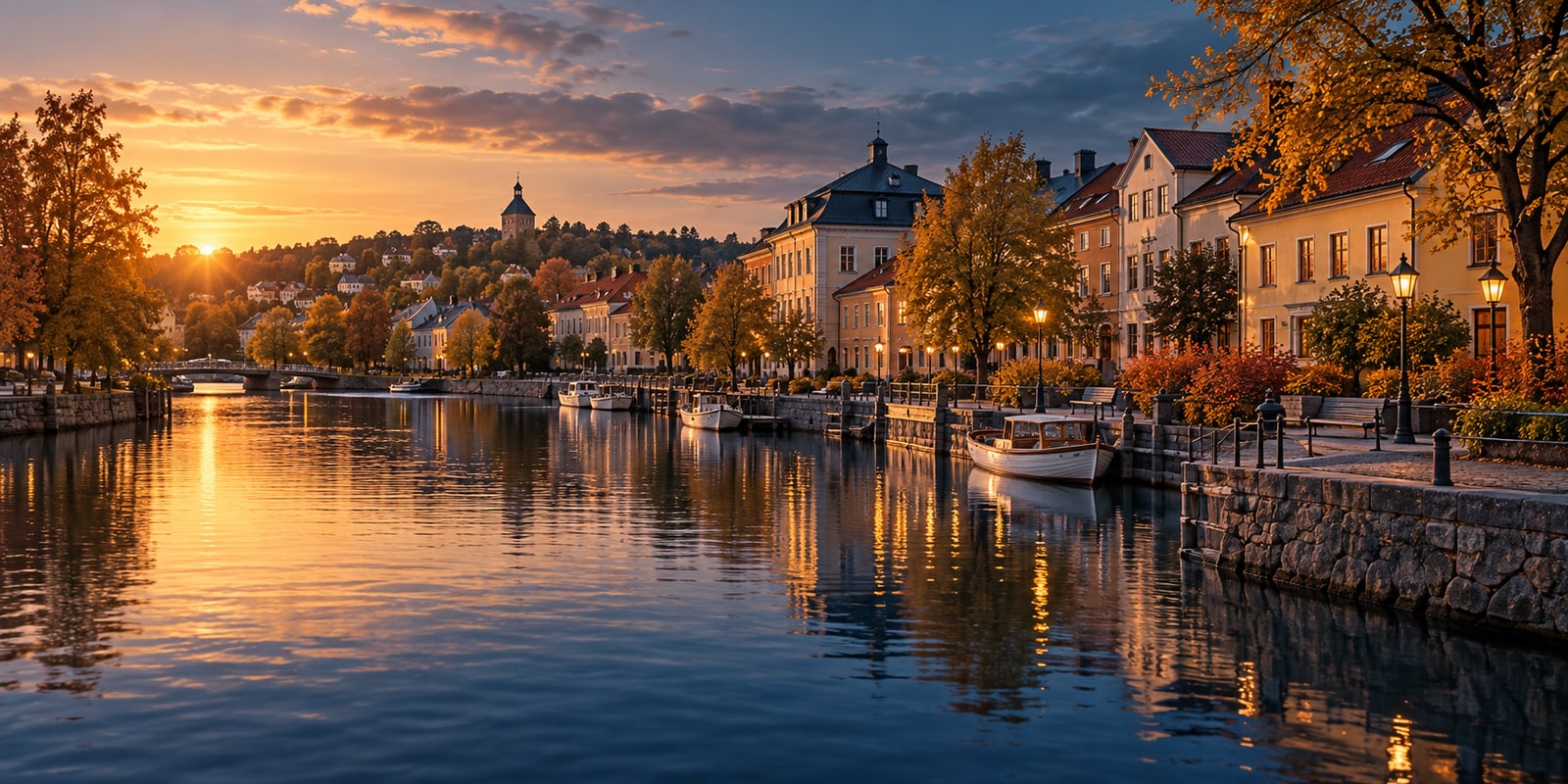 AI-genererad redaktionell stadsbild inspirerad av Södertäljes vattenmiljö; inte ett dokumentärt foto